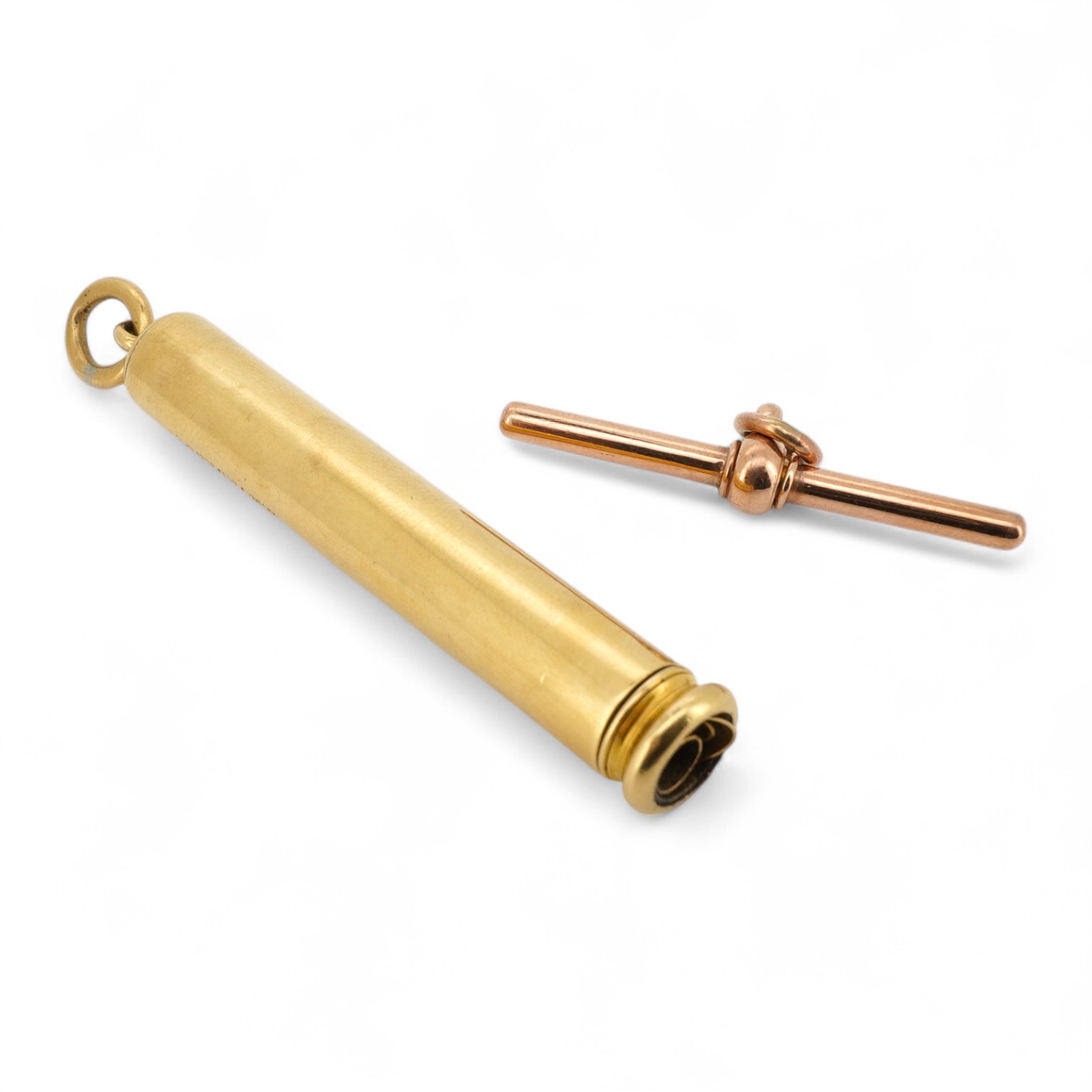 S. Mordan, a gold-cased propelling pen and gold fob, early 20th century, the gold pen with retractable holster for fountain pen nibs, maximum length 11.3cm, signed S. Mordan, gross weight 17 grams; and a gold T-bar fob p